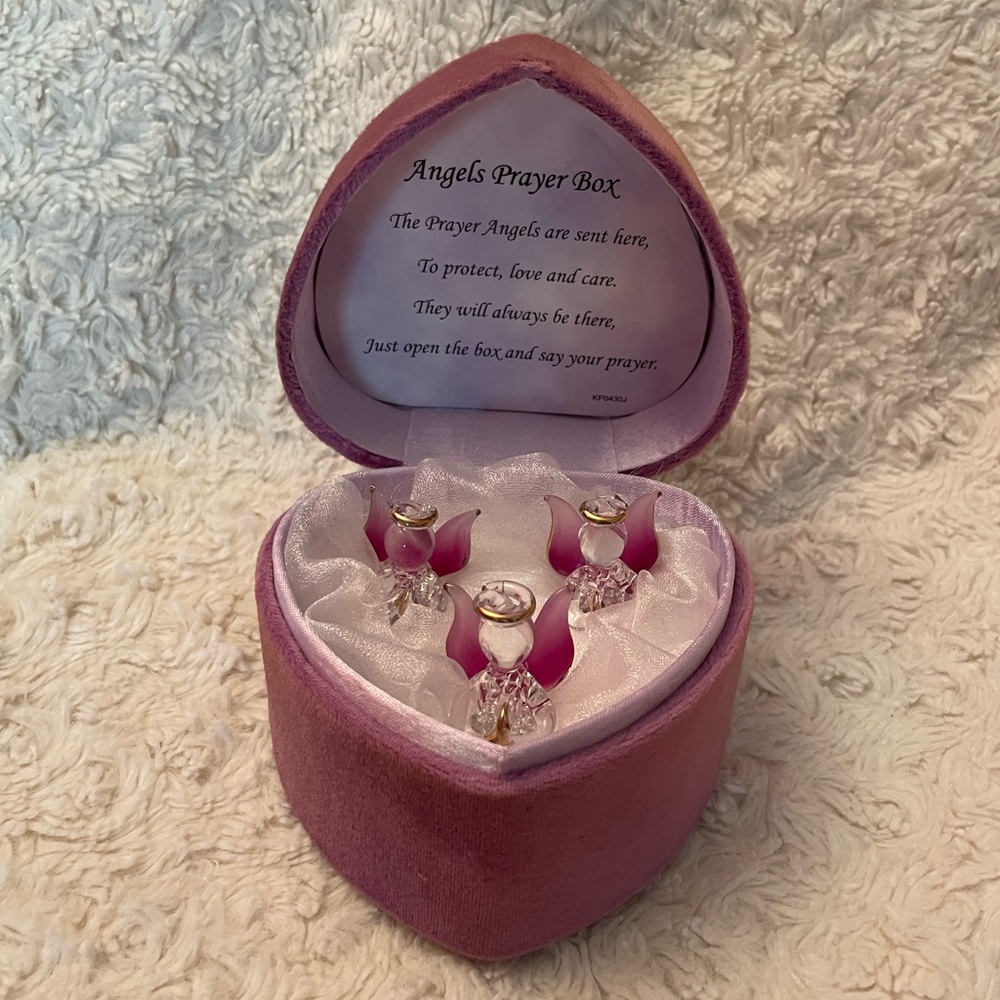 3 Angels Prayer Box 3 Glass Angels in a Heart Shaped Dusty Rose Velour Box.